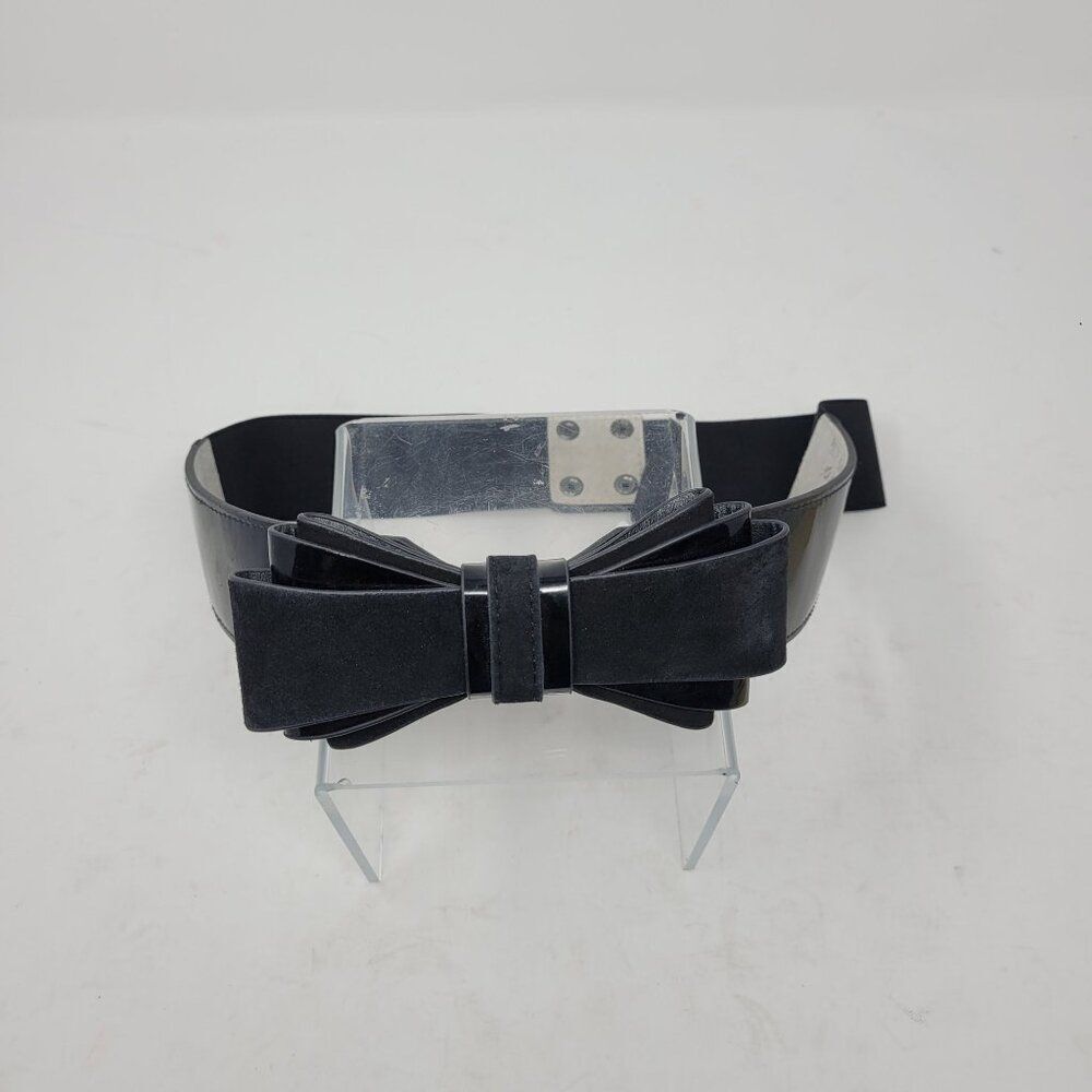 WHBM Belt Sz L Black Suede Patent Leather 3D Bow Statement Stretch Cincher Glam - Picture 7 of 10